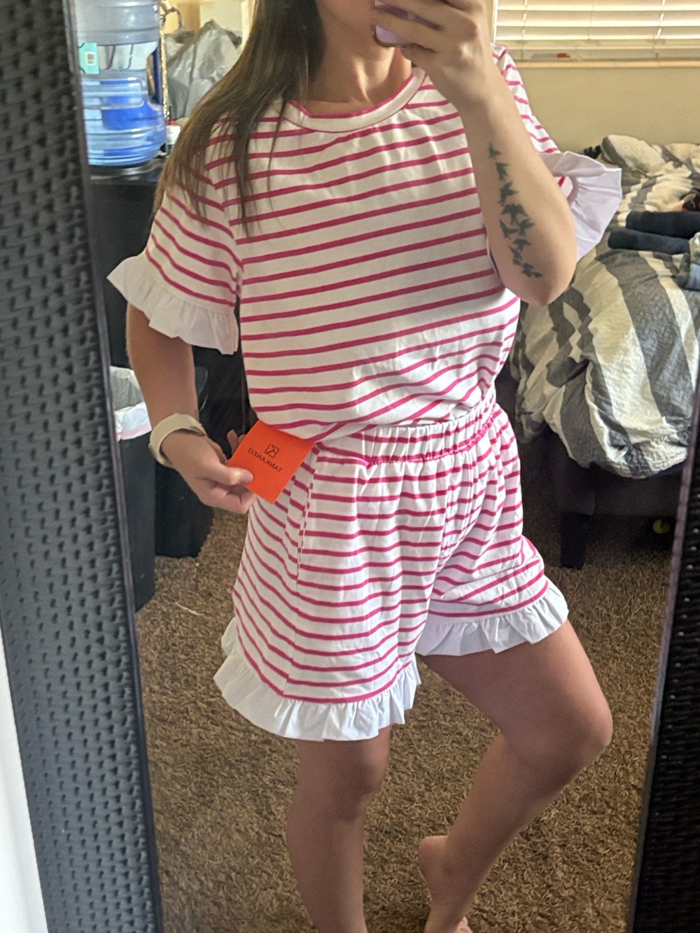 Mango Pink & White Striped Ruffle Short Set